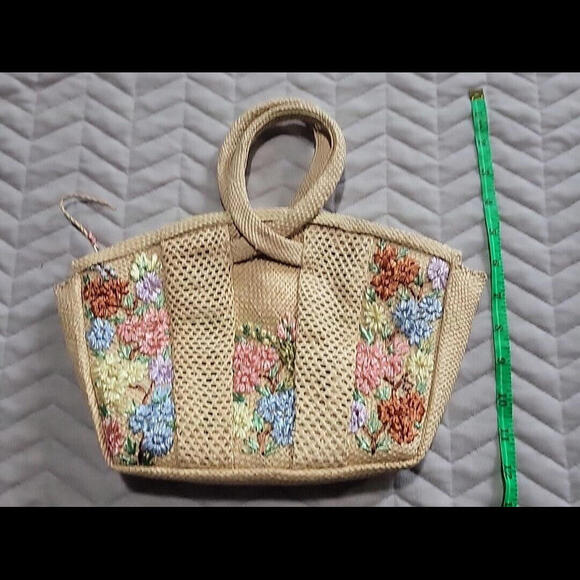 Vintage Woven Straw Raffia Purse Clutch Embroidered Flowers Handbag Boho - Picture 5 of 9